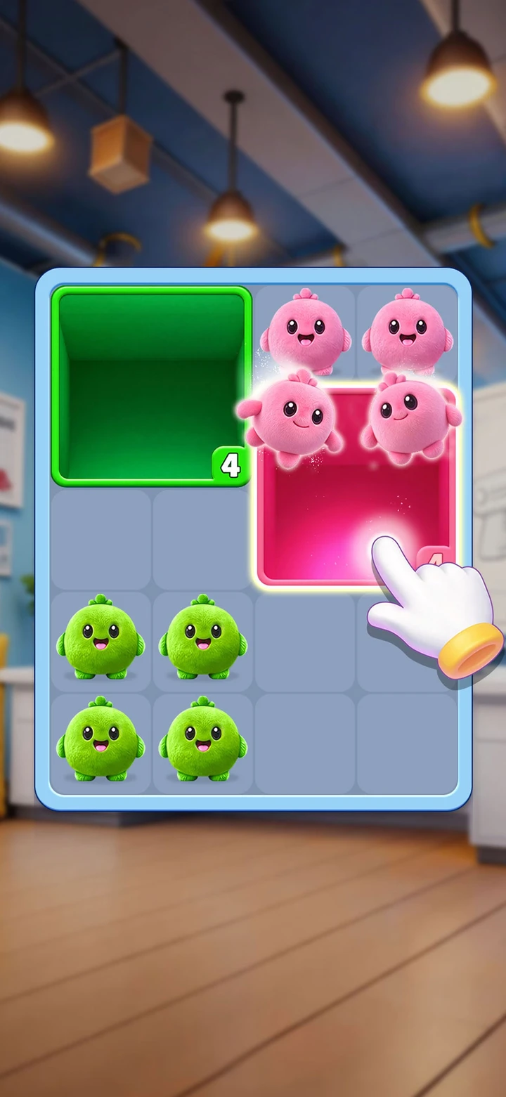 Captura de pantalla de la tienda Fluffy Drop que muestra contenedores verdes y rosados con bolas esponjosas a juego en un tablero azul claro.