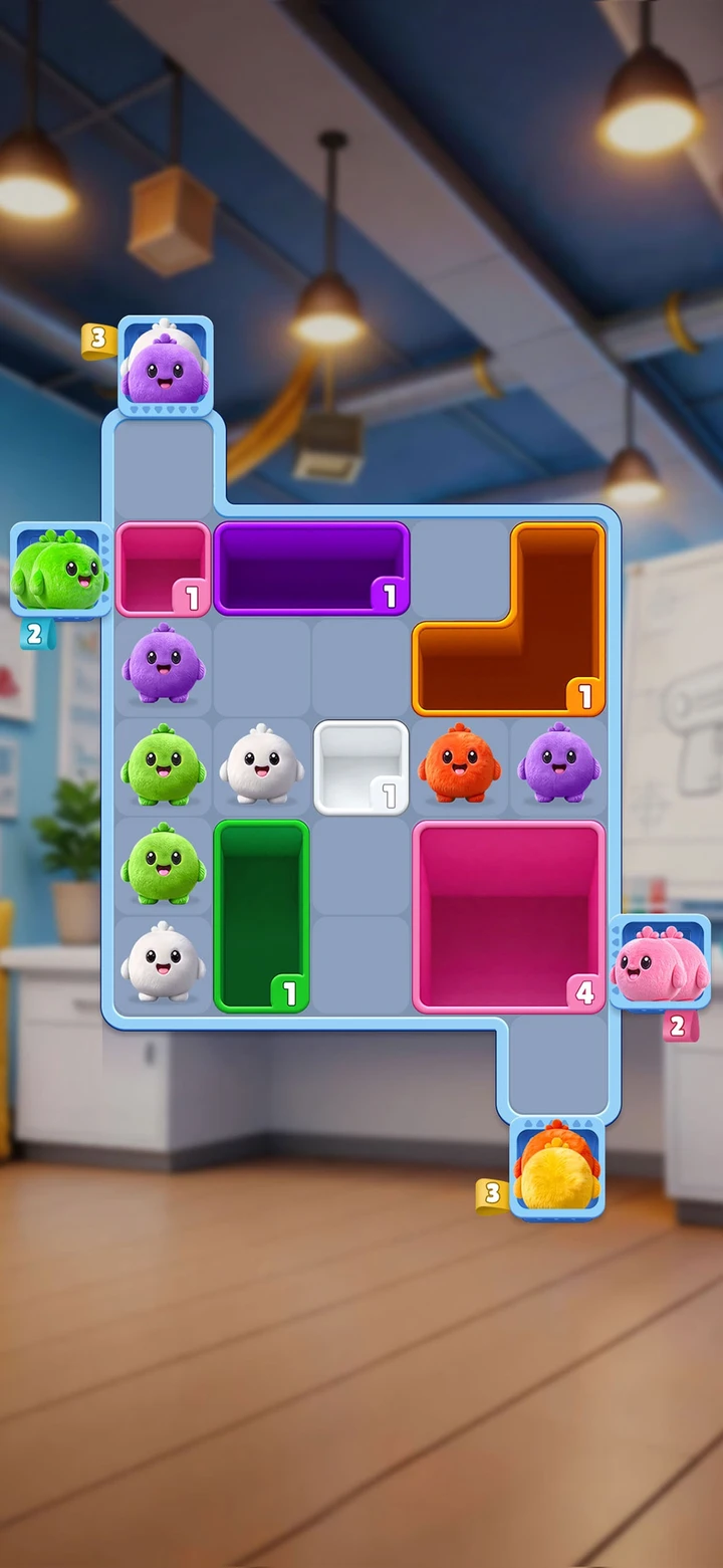 Captura de pantalla de la tienda Fluffy Drop con contenedores rectos y en forma de recipiente en L, bolas de colores y un borde de tablero escalonado.